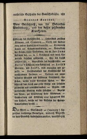 Viertes Kapitel. Vom Gedächtniß, von der Gedanken- Verbindung, und den dahin gehörenden Krankheiten. - Fünftes Kapitel. Von der Urtheilskraft, und ihren Mängeln.