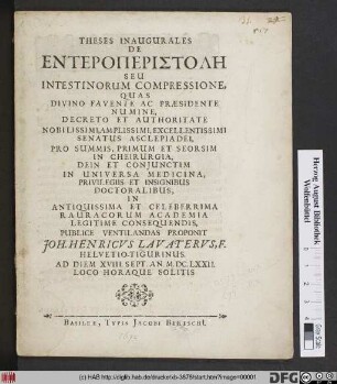 Theses Inaugurales De Enteroperistolē Seu Intestinorum Compressione
