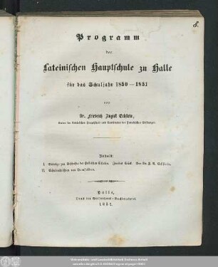 1851: Programm der Lateinischen Hauptschule in Halle : für d. Schuljahr ...