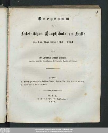 1851: Programm der Lateinischen Hauptschule in Halle : für d. Schuljahr ...