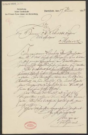 Brief an B. Schott's Söhne : 17.06.1914
