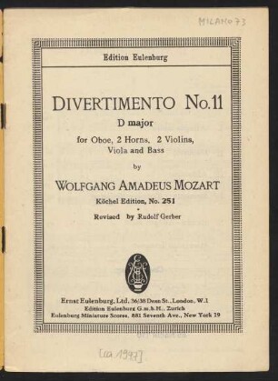 Divertimento No. 11 : D major : for Oboe, 2 horns, 2 violins, viola and bass : Köchel Edition, No. 251