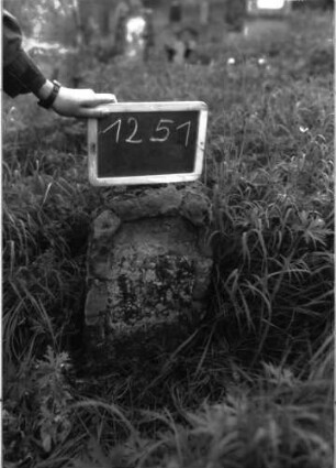 Grabstein 1251 (Index: 100104466) Material: Sandstein Zustand: fast vollständig verwittert Maße HxBxT: 50x30x12 cm Beschreibung: Stele in Grottenform, Rand felsartig gearbeitet, Schriftfeld eingetieft Besonderheit: Kind: Grabstein 1251