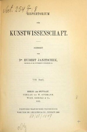 Repertorium für Kunstwissenschaft. 8, 8. 1885