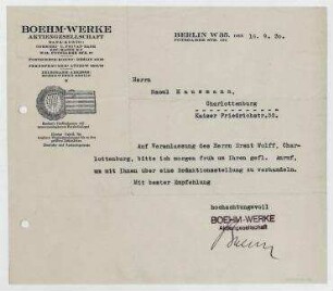 Brief von Wilhelm Boehm an Raoul Hausmann. Berlin