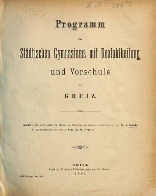 Programm des Städtischen Gymnasiums mit Realabteilung und Vorschule zu Greiz. 1880/81