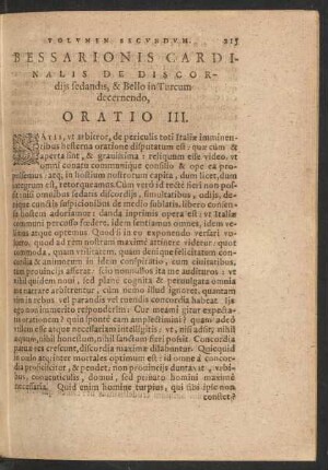 Bessarionis Cardinalis De Discordiis sedandis, & Bello in Turcum decernendo, Oratio III.