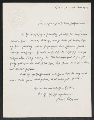 Brief von Paul Eipper an Gerhart Hauptmann