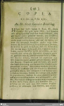 Copia von den 22. Febr: 1701