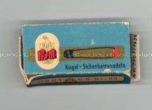 Pappschachtel für ein Dutzend "Kugel-Sicherheitsnadeln Prym" mit Inhalt