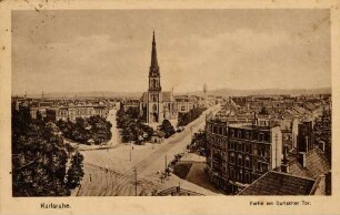 Postkartenalbum mit Motiven von Karlsruhe. "Karlsruhe. Partie am Durlacher Tor". Luftaufnahme des Durlacher Tor-Platzes mit Bernharduskirche