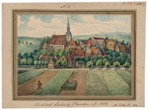 Ansicht von Leubnitz (Dresden-Leubnitz-Neuostra), Blick auf die Kirche nach Süden, Blatt Teil einer Reihe von Eckardt von 1818/1858