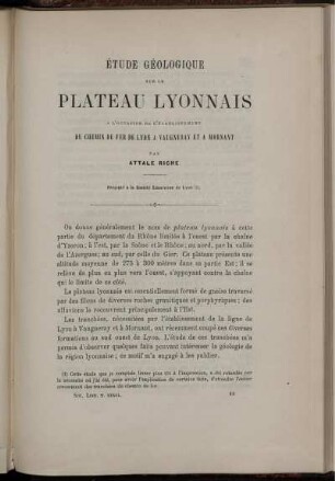 Étude Géologique Sur Le Plateau Lyonnais