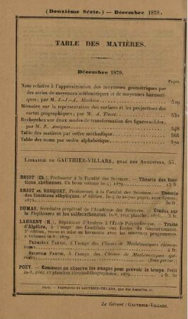 Table des matières. Décembre 1879.