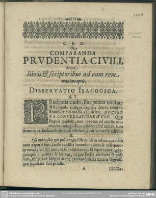 De Comparanda Prudentia Civili, deque libris & scriptoribus ad eam rem maxime aptis, Dissertatio Isagogica