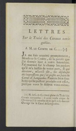 Lettres Sur le Traité des Canaux navigables.