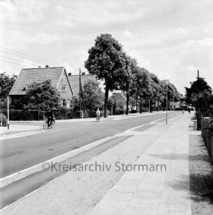 Fritz-Reuter-Straße: mit Fahrradweg, Fußgängerweg: links Einmündung Immanuel-Kant-Straße: Fahrradfahrer: Straßenbäume, Strommasten, Straßenlampe: links hinten Einzelhäuser: rechts Gartenzaun: im Hintergrund Einmündung in Straße Reeshoop