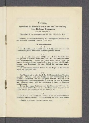 Gesetz, betreffend die Handelskammer und die Versammlung Eines Ehrbaren Kaufmanns