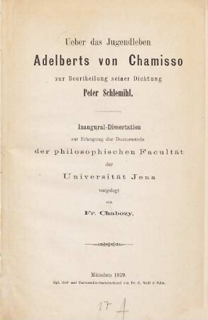 Über das Jugendleben Adelberts von Chamisso zur Beurtheilung seiner Dichtung Peter Schlemihl