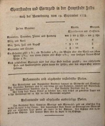 Sperrstunden und Sperrgeld in der Hauptstadt Fulda nach der Verordnung vom 19. September 1778.