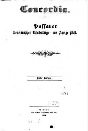 Concordia : Passauer Wochenblatt. 1849 = Jg. 3