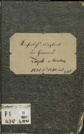 Kirchenbuchduplikat der katholischen Gemeinde Lügde, Kreis Höxter (GHT 1831-1840). (Gemeinde: Katholische Gemeinde Lügde)