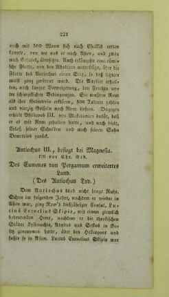 Antiochus III., besiegt bei Magnesia. 190 vor Chr. Geb. Des Eumenes von Pergamum erweitertes Land. (Des Antiochus Tod.)