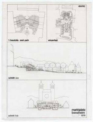 Wettbewerb Marktplatz Bensheim (nicht realisiert) – Grundriss 1. Baustufe: Saal und Park, Grundriss mit Nutzung Winterfest, Querschnitt, Längsschnitt. Bensheim/Hessen
