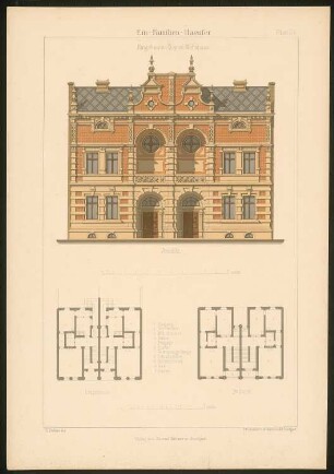 Doppelwohnhaus mit Loggien: Grundrisse und Ansicht (aus: Ein-Familien-Häuser, entworfen und gezeichnet von Hermann Bethke)
