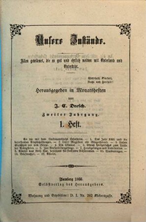 Unsere Zustände : Besprechungen unserer wichtigsten Communal- und politischen Fragen mit Rückblicken auf vergangene Tage. 2. 1866