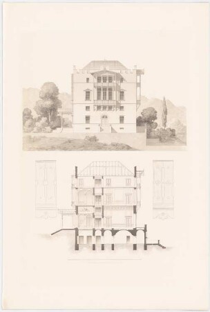 Werke der höheren Baukunst, Darmstadt 1856 Schloss im Gebirge: Aufriss Seitenansicht, Schnitt, Geländerdetails