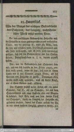 25. Hauptstück. Wie der Mangel des nöthigen Bestandtheils des Salpeters, das Laugsalz, wahrscheinlicher Weise ersezt werden könne