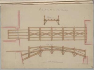 Plan et Profil du vieux Chateau de Luxembourg : Luxemburg, Schloss, hölzerne Brücke, Ansicht, Aufsicht und Querschnitt, unbekannter Zeichner, 18. Jh. Feder, Pinsel in Wasserfarbe/Papier. 51,9 x 36,3 cm. Bez.: "Plan et Profil du vieux Chateau de Luxembourg". Maßstab mit Maßeinheit "Eschelle de 24 pieds" (24 Fuß=11,7 cm).