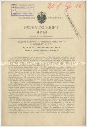 Patentschrift einer Bremse für Eisenbahnfahrzeuge, Patent-Nr. 27245