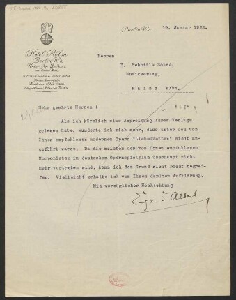 Brief an B. Schott's Söhne : 19.01.1922