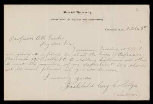 Nr. 2 Brief von Archibald Cary Coolidge an Otto von Gierke. Cambridge, Mass., [4].10.[1909]
