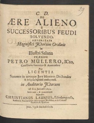 De Aere Alieno a Successoribus Feudi Solvendo
