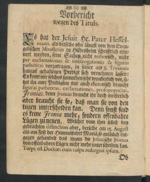 Vorbericht wegen des Tituls