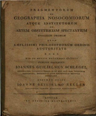 Fragmentorum ex geographia nosocomiorum atque institutorum ad artem obstetriciam spectantium specimen primum