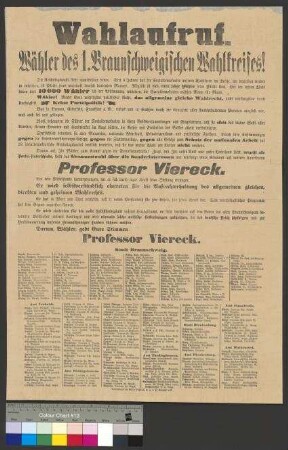 Wahlaufruf eines Braunschweigischen Wahlbündnisses für den Wahlkreis Braunschweig-Blankenburg zur Reichtstagswahl am 16. Juni 1898