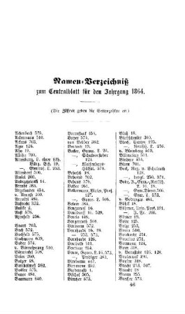 Namen-Verzeichniß zum Centralblatt für den Jahrgang 1864