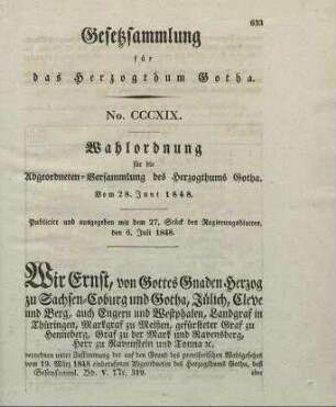 319. Wahlordnung für die Abgeordneten-Versammlung des Herzogthums Gotha, vom 28. Juni 1848.