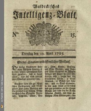No. 15, Dienstag den 12. April 1785