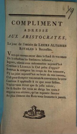 Compliment Adressé Aux Aristocrates, Le jour de l'Entrée de Leurs Altesses Royales à Bruxelles