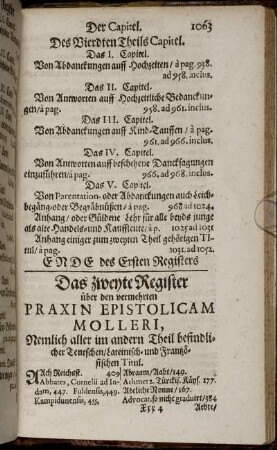 Das zweyte Registger ... aller im andern Theil befindlichen Teutschen/Lateinisch-und Frantzösischen Titul.
