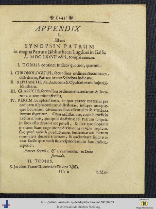 I. Synopsis Patrum in magna Patrum Bibliotheca ...