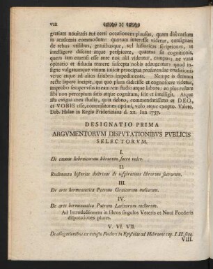 Designatio Prima Argumentorum Disputationibus Publicis Selectorum