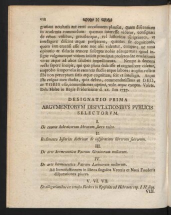 Designatio Prima Argumentorum Disputationibus Publicis Selectorum