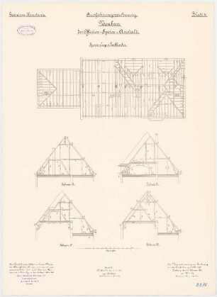 Garnison, Offiziers-Speiseanstalt, Konstanz: Grundriss Sparrenlage, Dachbinder 1:100