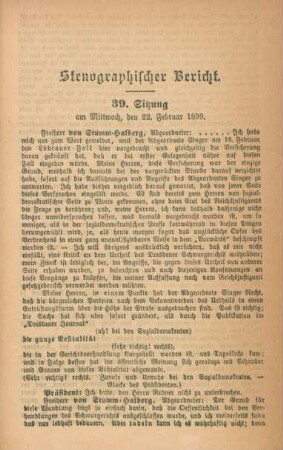 Stenografischer Bericht : 39. Sitzung am Mittwoch, den 22. Februar 1899